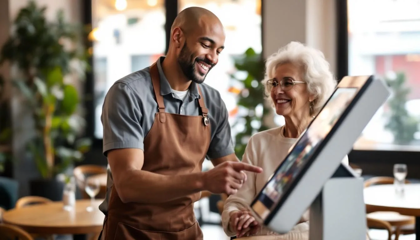 Employé de restaurant accompagnant un client dans l'utilisation d'une borne de commande tactile