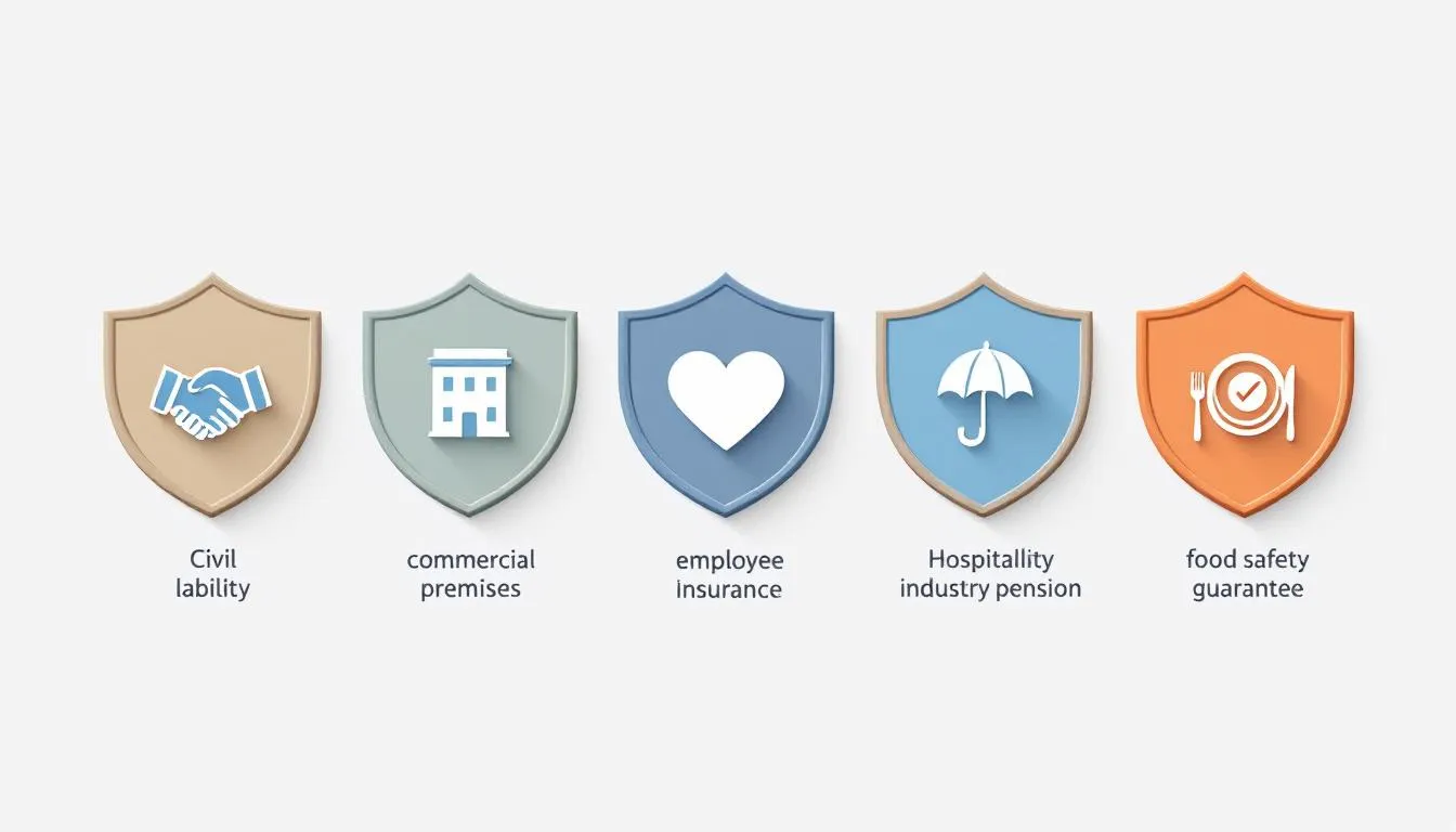 Infographie des cinq assurances obligatoires pour un restaurant : RC pro, local, mutuelle, prévoyance HCR et sécurité alimentaire
