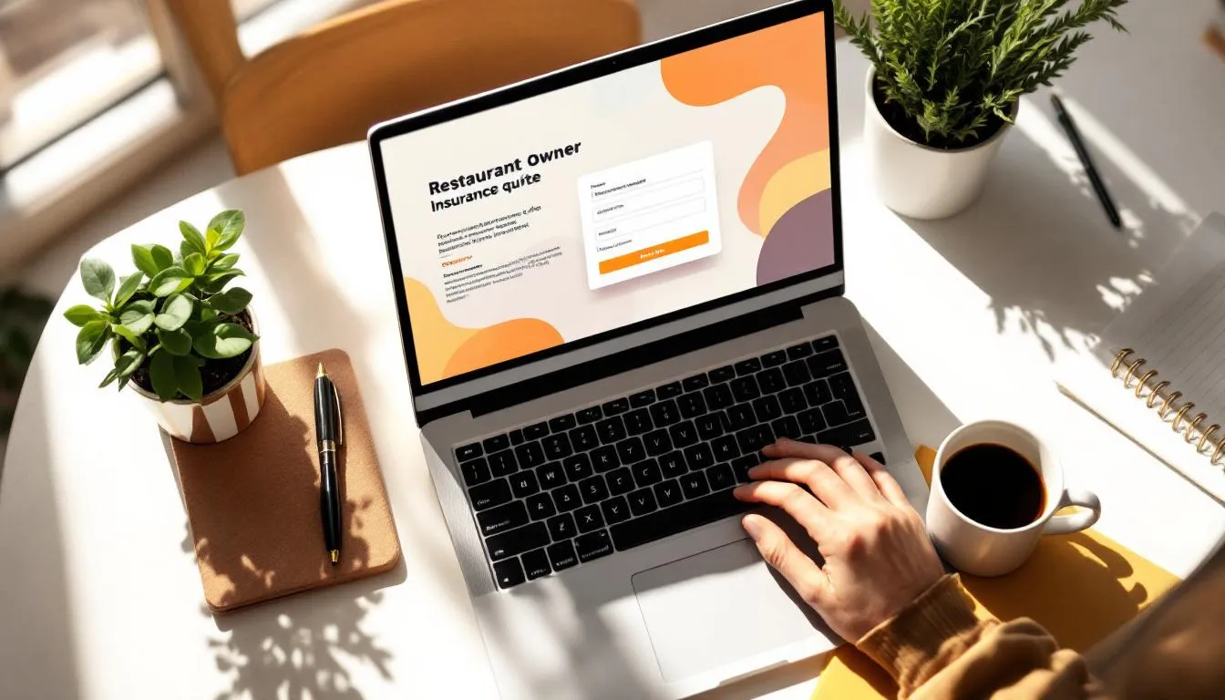 Bureau de restaurateur avec un devis d'assurance restaurant en ligne affiché sur ordinateur portable
