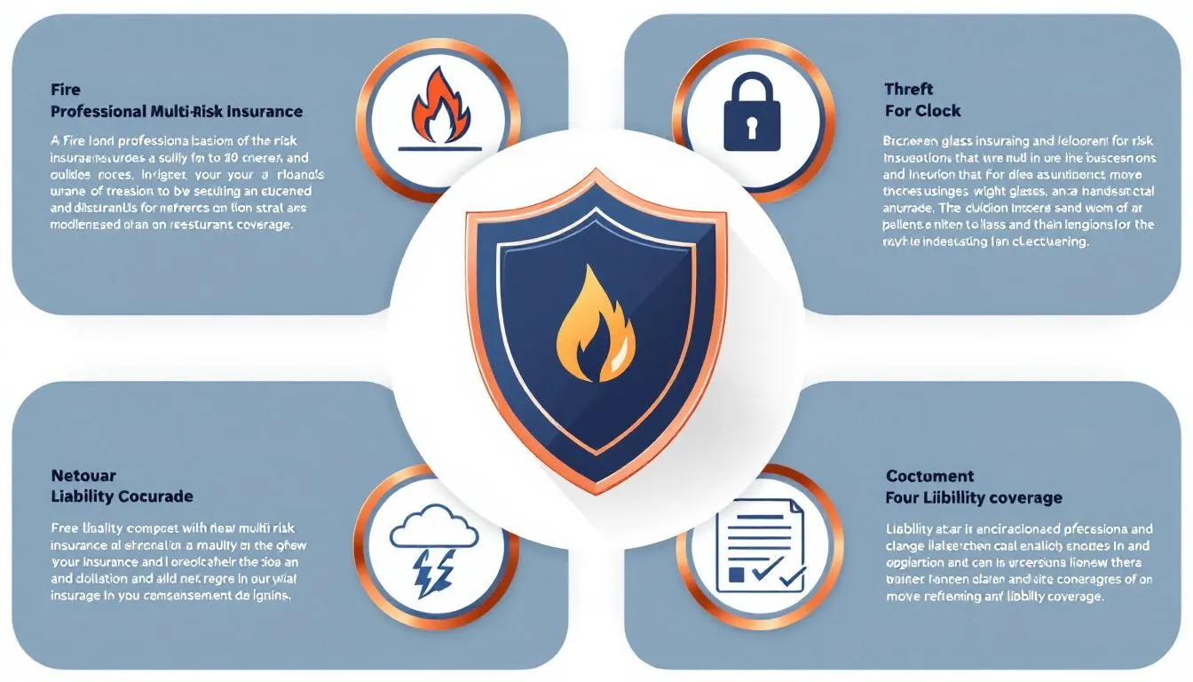 Schéma des composantes de la multirisque professionnelle restaurant : incendie, eau, vol, bris de glace, catastrophe, RC