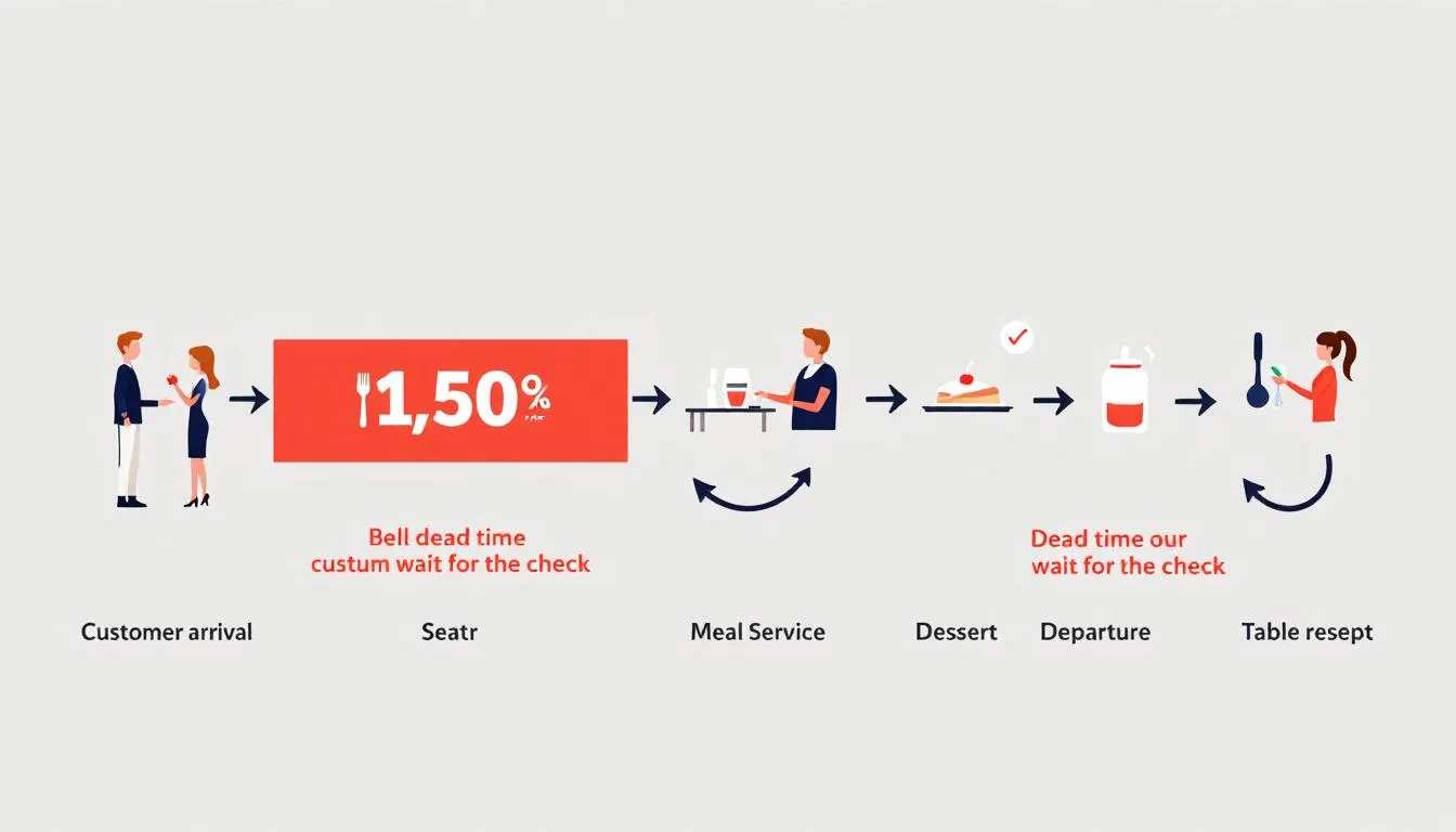 Schéma du flux de service en restaurant montrant les temps morts entre addition et départ des clients