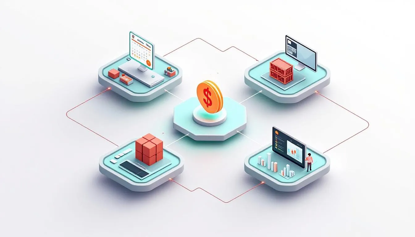 Schéma des modules interconnectés d'un logiciel de gestion restaurant : réservation, caisse, stock, commande