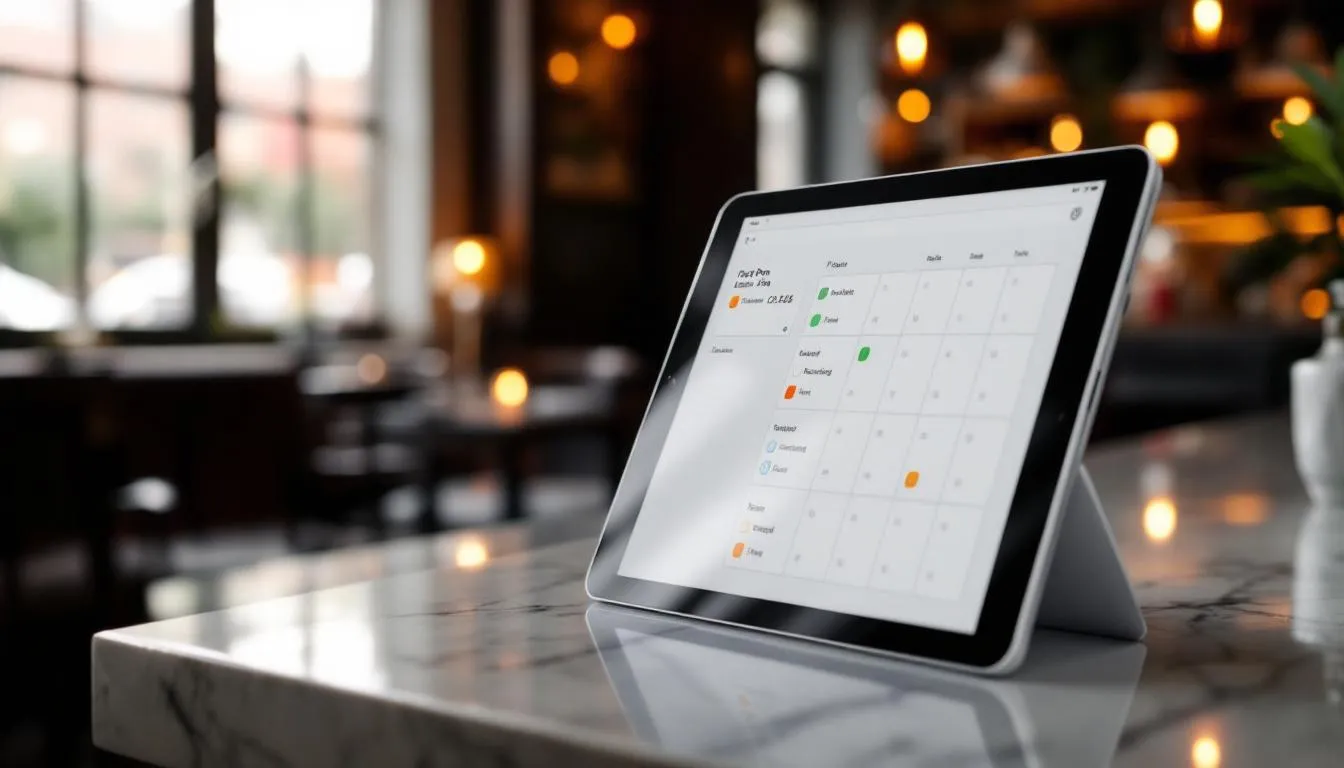 Plan de salle interactif sur tablette montrant les tables en couleurs dans un restaurant français moderne