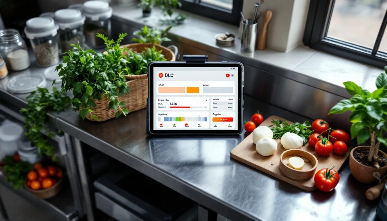 Interface de gestion des stocks restaurant avec alertes DLC et suivi des niveaux d'inventaire en temps réel
