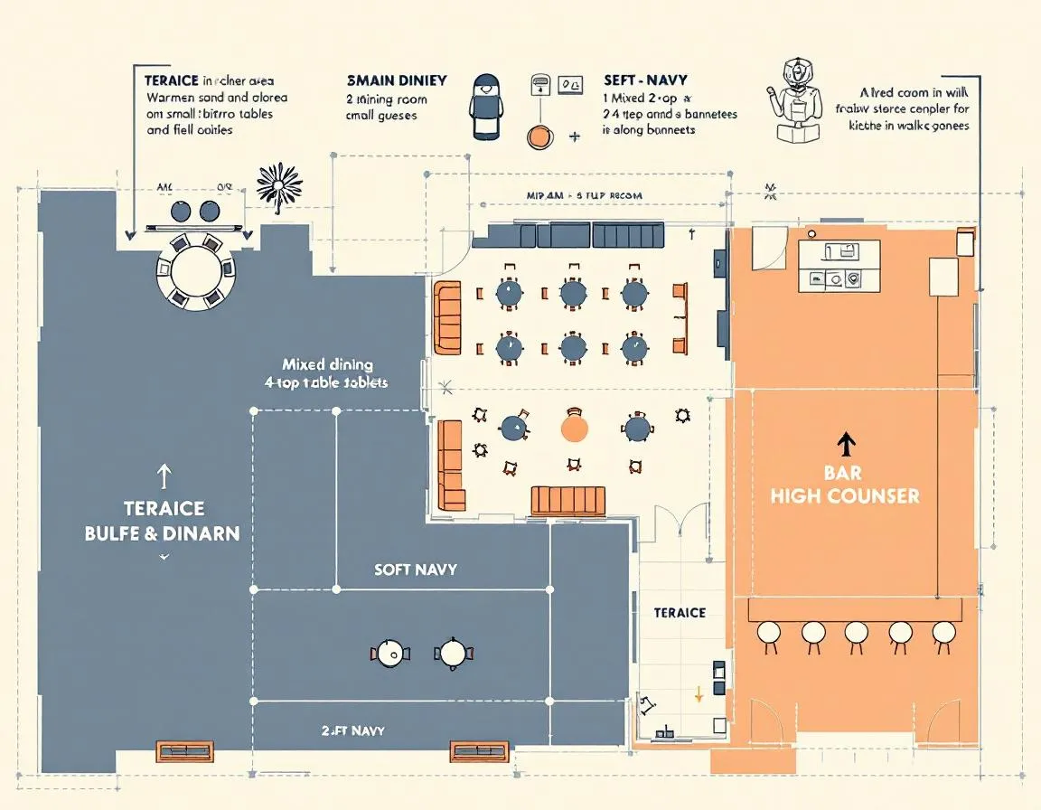Plan de salle de restaurant vu du dessus avec zones terrasse, salle et bar et flux de circulation du personnel