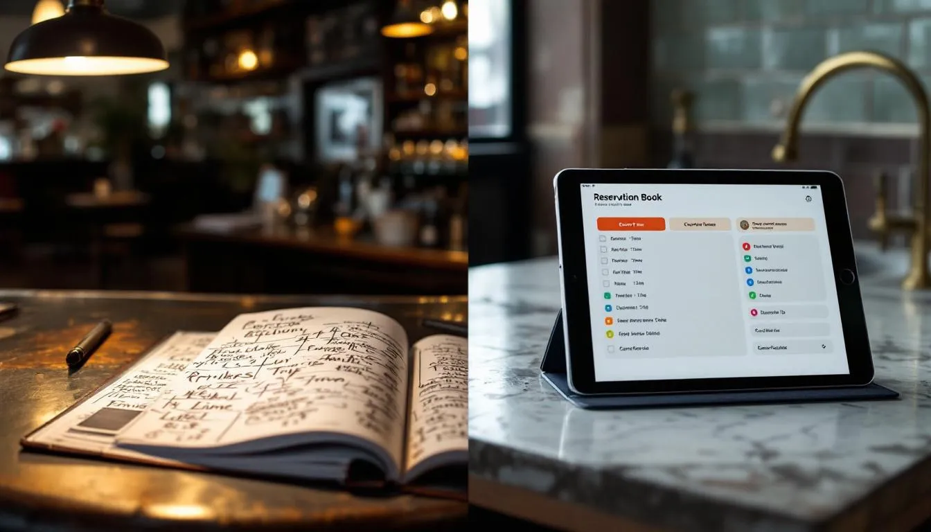 Comparaison entre un cahier de réservation papier raturé et une interface de logiciel de réservation restaurant sur tablette