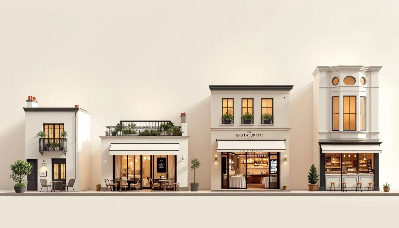 Comparatif visuel de quatre types de restaurants français, du petit café au gastronomique, illustrant les différences de couverture