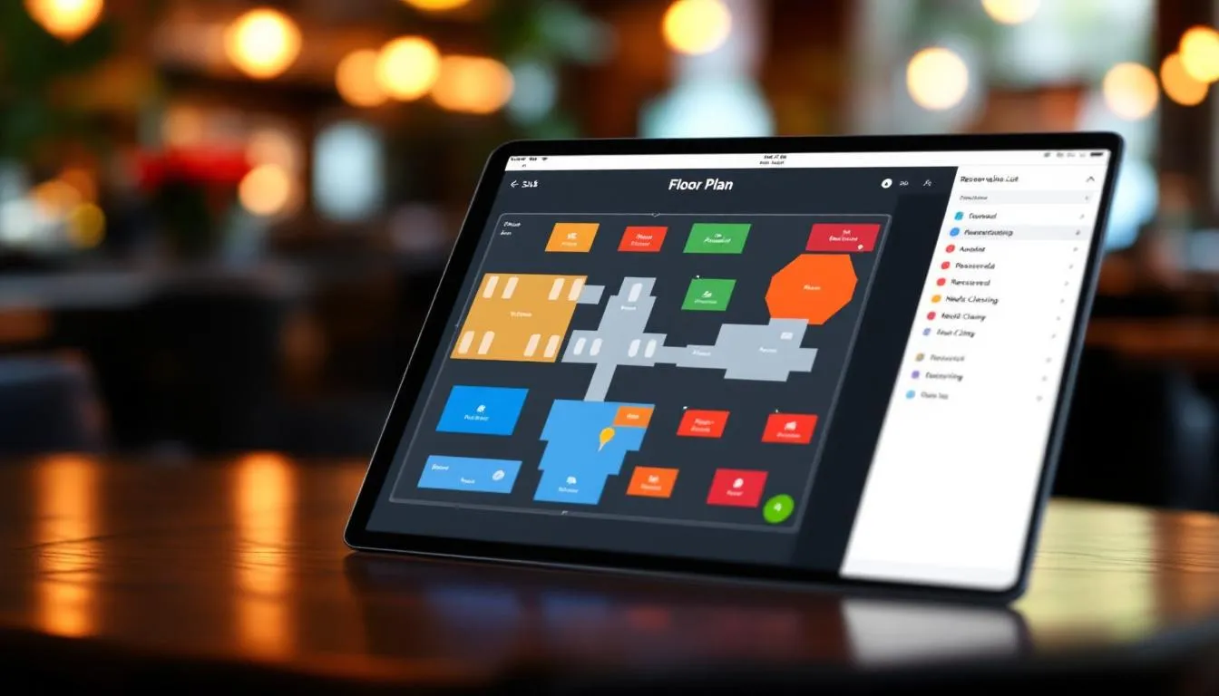 Interface numérique de gestion des tables sur tablette avec code couleur des statuts de chaque table du restaurant