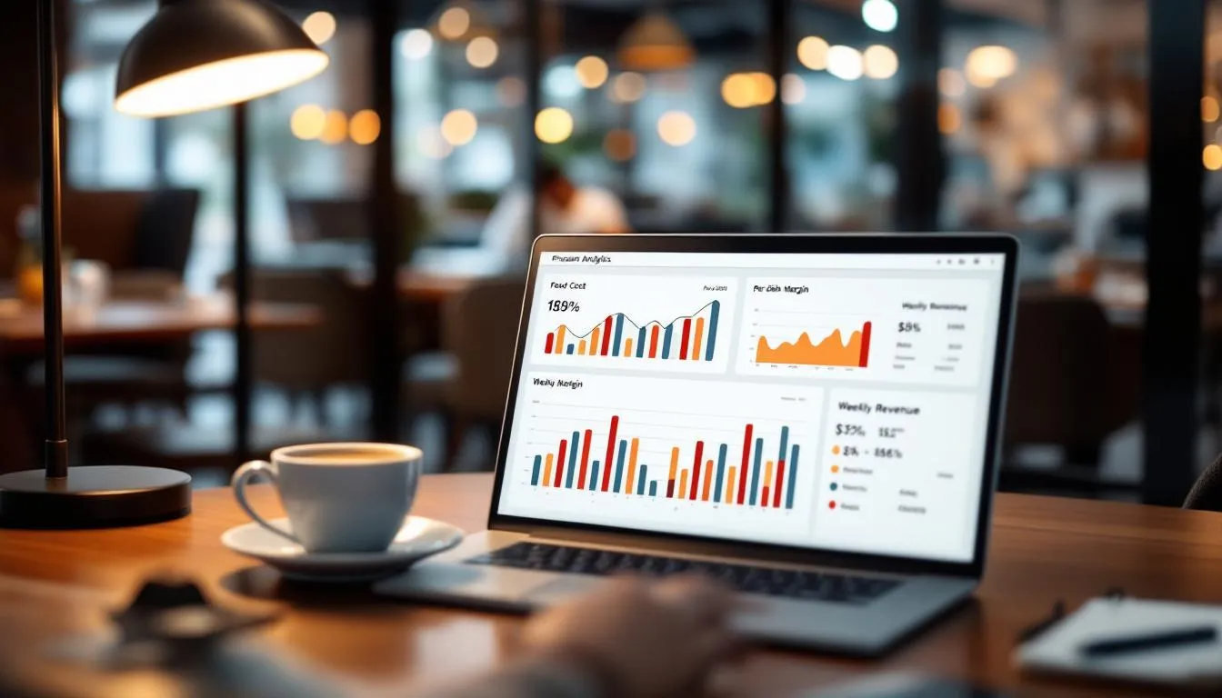 Tableau de bord analytique affichant le food cost et les marges par plat d'un logiciel de gestion restaurant