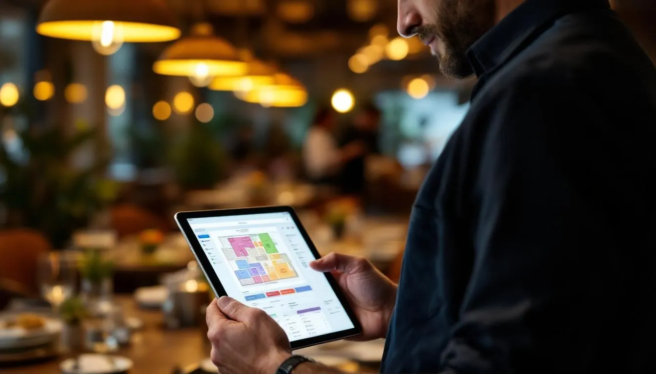 Restaurateur consultant le plan de salle interactif sur tablette pendant le service en salle de restaurant