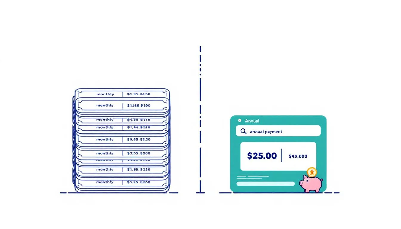 Comparaison visuelle du paiement mensuel et annuel de l'assurance restaurant avec économies potentielles de 50 à 100 euros