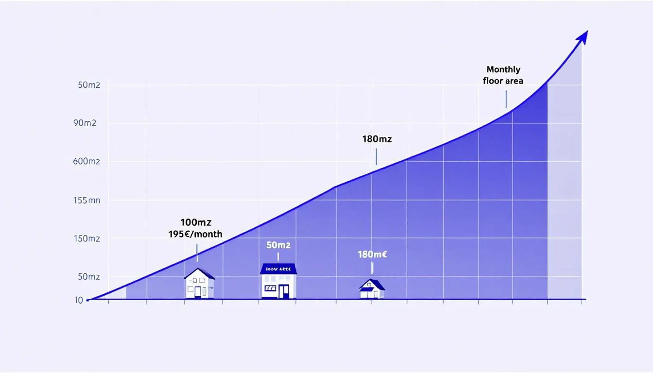 Graphique montrant la relation entre surface du local de restaurant et coût mensuel de l'assurance de 90 à 180 euros