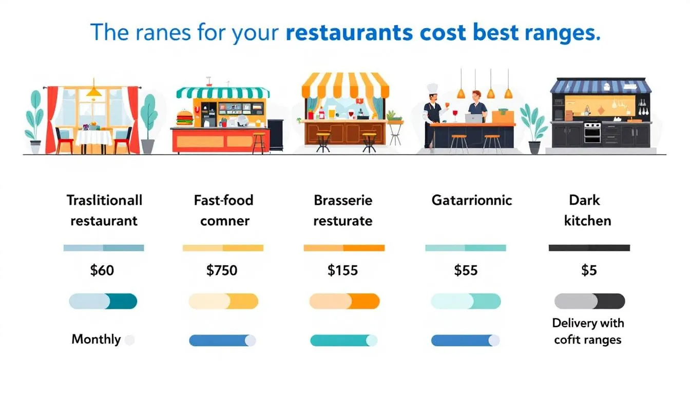 Comparatif illustré des tarifs d'assurance par type de restaurant avec pictogrammes du traditionnel à la dark kitchen
